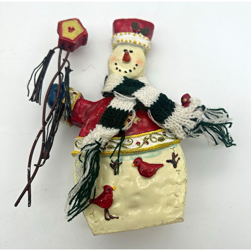 Hand Painted Resin Snowman Figurine w/ Yarn Scarf & Birds Christmas Decor 7in